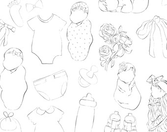 May include: Line art illustrations of baby-related items, including a onesie, swaddled babies, a pacifier, a bottle, a dress, and baby shoes. The words "INSTANT DOWNLOAD" are at the top of the image.
