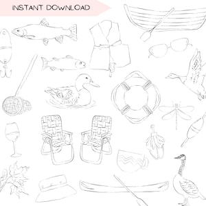 Aan het meer clip art bundel, handgetekende natuur PNG, minimalistische vakantie illustratie ink schets, Lake Life transparante PNG clipart lijntekeningen