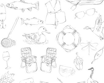 Lake House Clip Art Bundle, druckbare handgezeichnete Urlaubs Illustrationen, PNG Sommer Hütte, Angeln Digital Download für DIY Geschenke