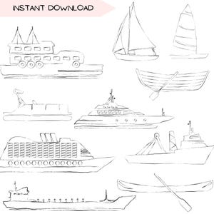 Pacote de clipart de barco, designs de clipart de viagem de veículos de barco, arte de linha minimalista de veleiro, navio de cruzeiro simples desenhado à mão PNG transparente