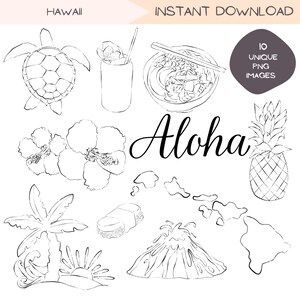 Bundle de cliparts Hawaï, conceptions de clip art de voyage à Honolulu, dessin au trait minimaliste, illustration simple dessinée à la main, dessins noir et blanc PNG