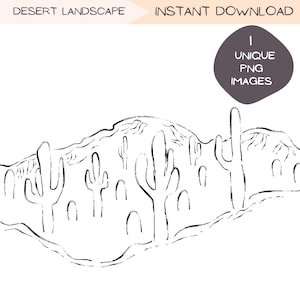 Paysage désertique Clip Art, clipart sud-ouest, dessin au trait cactus, Illustration Saguaro, PNG minimaliste dessiné à la main, cactus botaniques