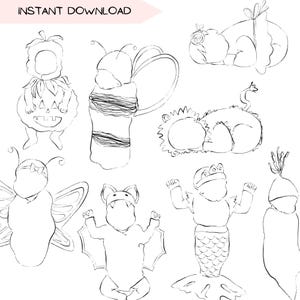 Pacchetto di clipart per costumi di Halloween per neonati, genere neutro per bambine e bambini, illustrazione al tratto, ritratto, clipart, PNG, disegno a mano