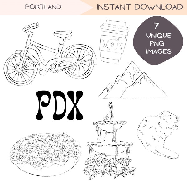 Portland Oregon Clipart Bundle, PDX Travel Clip Art Designs, Minimalist Line Art, PNW Hand Drawn Illustration, Pacific Northwest Road Trip