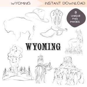 Wyoming Clipart Bundle, USA Reise Clip Art Designs, Western Line Art, einfache handgezeichnete Illustration, transparente PNG Designs