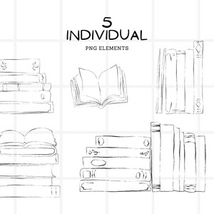 May include: Black and white line art of five stacks of books and individual books. The text "5 INDIVIDUAL PNG ELEMENTS" is at the top of the image. The books are in various positions, including open and closed.