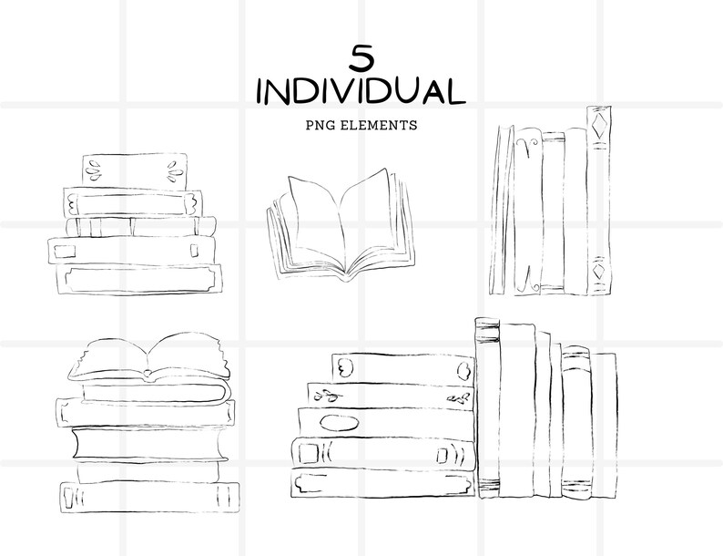 May include: Black and white line art of five stacks of books and individual books. The text "5 INDIVIDUAL PNG ELEMENTS" is at the top of the image. The books are in various positions, including open and closed.
