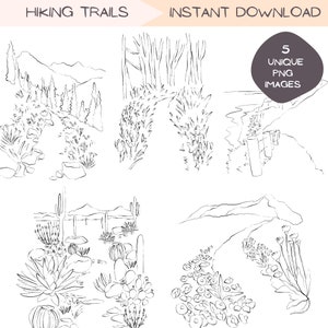 Wandelpad bos clip art bundel, hand getekende natuur PNG, minimalistische illustratie bos inktschets, zwart-wit clipart lijntekeningen