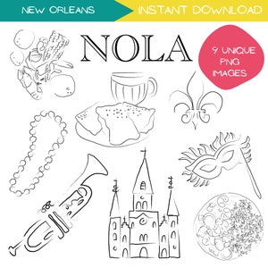 Bundle de cliparts La Nouvelle-Orléans, conceptions de clip art de voyage en Louisiane, dessin au trait minimaliste, illustration dessinée à la main NOLA, dessins noir et blanc