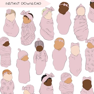 Pacchetto di clipart per neonati, pacchetto di clipart PNG con coperta rosa, illustrazione di ritratto di bambina senza volto, più tonalità della pelle