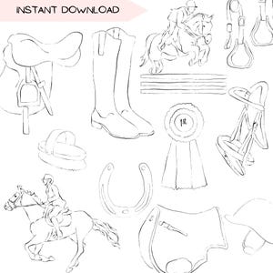 Bundle de cliparts équestres, matériel d'équitation et sellerie graphique noir et blanc Clip Art, dessins dessinés à la main Illustrations de concours complet