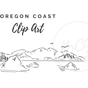 Può includere: Disegno in bianco e nero di una catena montuosa con un specchio d'acqua in primo piano. Il testo "Oregon Coast Clip Art" è in alto nell'immagine.