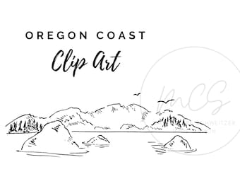 Oregon Coast Clip Art Design, Pacific Northwest Hand-Drawn Landscape PNG, PNW Coastal Line Art, Digital Download for DIY Printables & Gifts