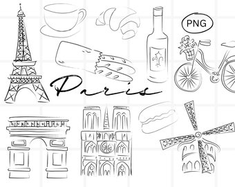 May include: Black and white line art illustration of Parisian landmarks and objects, including the Eiffel Tower, Notre Dame Cathedral, the Arc de Triomphe, a croissant, a cup of coffee, a bottle of wine, a bicycle, and a windmill. The text "Paris" is written in cursive.
