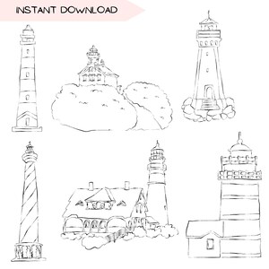 May include: A set of six black and white line drawings of lighthouses. The lighthouses are drawn in a simple, stylized manner. The drawings are perfect for use in scrapbooking, card making, or other craft projects.