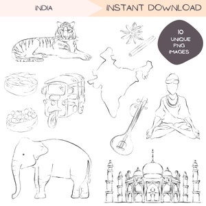 Pacote de clipart da Índia, designs de clipart de viagens na Ásia, ilustração de arte de linha minimalista do Taj Mahal desenhada à mão, designs em preto e branco, PNG
