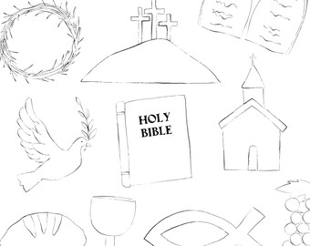 Christian Church Clipart PNG Bundle, Religious Hand Drawn Illustrations, Printable Artwork, Digital Download for DIY Sunday School Crafts