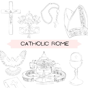 Może przedstawiać: Czarno-biała ilustracja z symbolami katolickimi: krucyfiks, symbole papieskie, różaniec, mitra, gołębica, Bazylika św. Piotra, kielich i książka z krzyżem. Widoczny jest również tekst "CATHOLIC ROME".