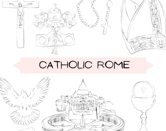 May include: Line art illustration featuring religious symbols including a crucifix, papal symbols, rosary beads, a mitre, a dove, St. Peter's Basilica, a chalice, and a book with a cross. The text "CATHOLIC ROME" is also present.