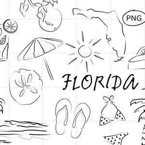 Pacote de clipart da Flórida, designs de clipart de viagens na praia, arte de linha minimalista, ilustração simples desenhada à mão, fundo transparente PNG