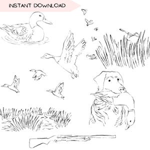 Entenjagd Clipart-Bundle, Marsh Jagd Labrador Hund PNG Clip Art, Schrotflinte Einfache Erholung Jäger Linie Kunst, Handgezeichnete Illustrationen
