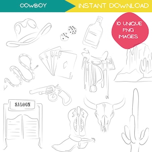 Cowboy Clipart Bundle, Southwestern Line Art, handgezeichnete PNG Grafiken Clip Art, einfache Wüsten Designs, westliche Illustrationsgrafik