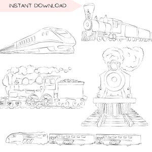 Peut inclure: Un ensemble de cinq dessins au trait en noir et blanc de différents types de trains. Les dessins comprennent un train à grande vitesse moderne, une locomotive à vapeur classique et un train vintage avec un wagon à charbon.