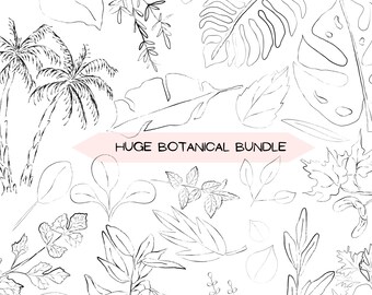 May include: A collection of hand-drawn botanical illustrations in black and white. The image features various leaves, palm trees, and the text "HUGE BOTANICAL BUNDLE" in a pink banner. The illustrations are detailed and suitable for design projects.