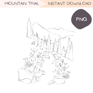 Mountain Hiking Path Clip Art Bundle, Hand Drawn Nature PNG, Minimalist Illustration Pine Trees Ink Sketch, Black and White Clipart Line Art
