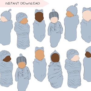Pacchetto di clipart per neonati, pacchetto di clipart PNG con coperta blu, illustrazione di ritratto senza volto di un neonato, diverse tonalità della pelle