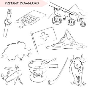 Lot de cliparts Suisse, voyages en Suisse Clip Art designs, dessin au trait minimaliste, illustration simple dessinée à la main, dessins PNG transparents