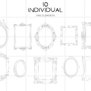 May include: Ten individual PNG elements of ornate picture frames in various shapes, including oval and rectangular designs. The frames are outlined in black and white, with decorative details such as bows and floral accents. The text "10 INDIVIDUAL PNG ELEMENTS" is at the top.