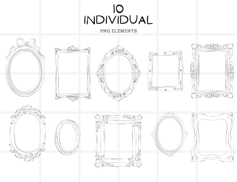 May include: Ten individual PNG elements of ornate picture frames in various shapes, including oval and rectangular designs. The frames are outlined in black and white, with decorative details such as bows and floral accents. The text "10 INDIVIDUAL PNG ELEMENTS" is at the top.