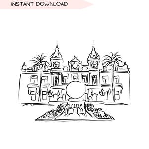 モナコカジノフレンチリベラクリップアート、フランスヨーロッパ旅行手描き線画イラスト白黒ミニマリストアート、PNGデジタルデザイン