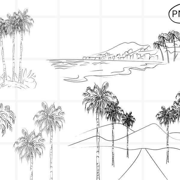 West Coast Clip Art, Palm Tree California Beach Town Line Art, Simple Nature Landscape Clipart Hand Drawn Illustration Black and White PNG