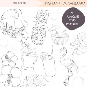 Tropical Clip Art Bundle, Beach Vacation Clipart PNG, Simple Minimalist Hand Drawn Tropic Illustration, Summer Travel Doodle Artwork