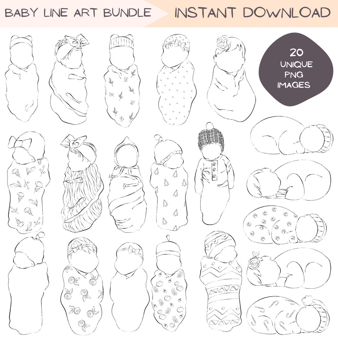Newborn Baby Clip Art Bundle, Gender Neutral Infant Girl Boy, Line Art