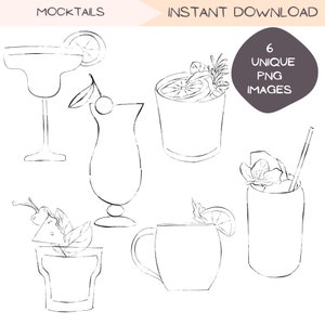 Mocktail Clip Art Bundle, Bar Tender Drink Illustratie Clipart Mixology Simple Line Art Happy Hour Hand Getrokken PNG-ontwerpen, Digitale Download