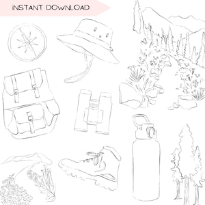 Pacchetto di clipart di escursionismo, PNG di natura disegnata a mano, schizzo di inchiostro di bosco di illustrazione minimalista, clipart di alberi di pino in bianco e nero, arte lineare