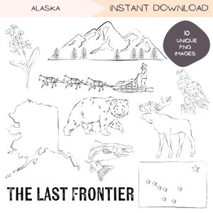 Bundle de cliparts de l'Alaska Voyage en Alaska Clip Art dessins Illustration de carte d'État simple dessinée à la main, dessins de pêche au saumon Mushing Iditarod, PNG