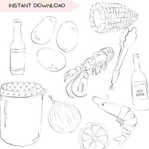 Bundle de cliparts langouste, barbecue du Sud, voyage Clip Art dessins, dessin au trait minimaliste, Illustration dessinée à la main, PNG Transparent