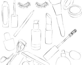 May include: Line drawing of various makeup items, including a perfume bottle, mascara, lipstick, eyeshadow palette, and a makeup brush. The words "INSTANT DOWNLOAD" are at the top.