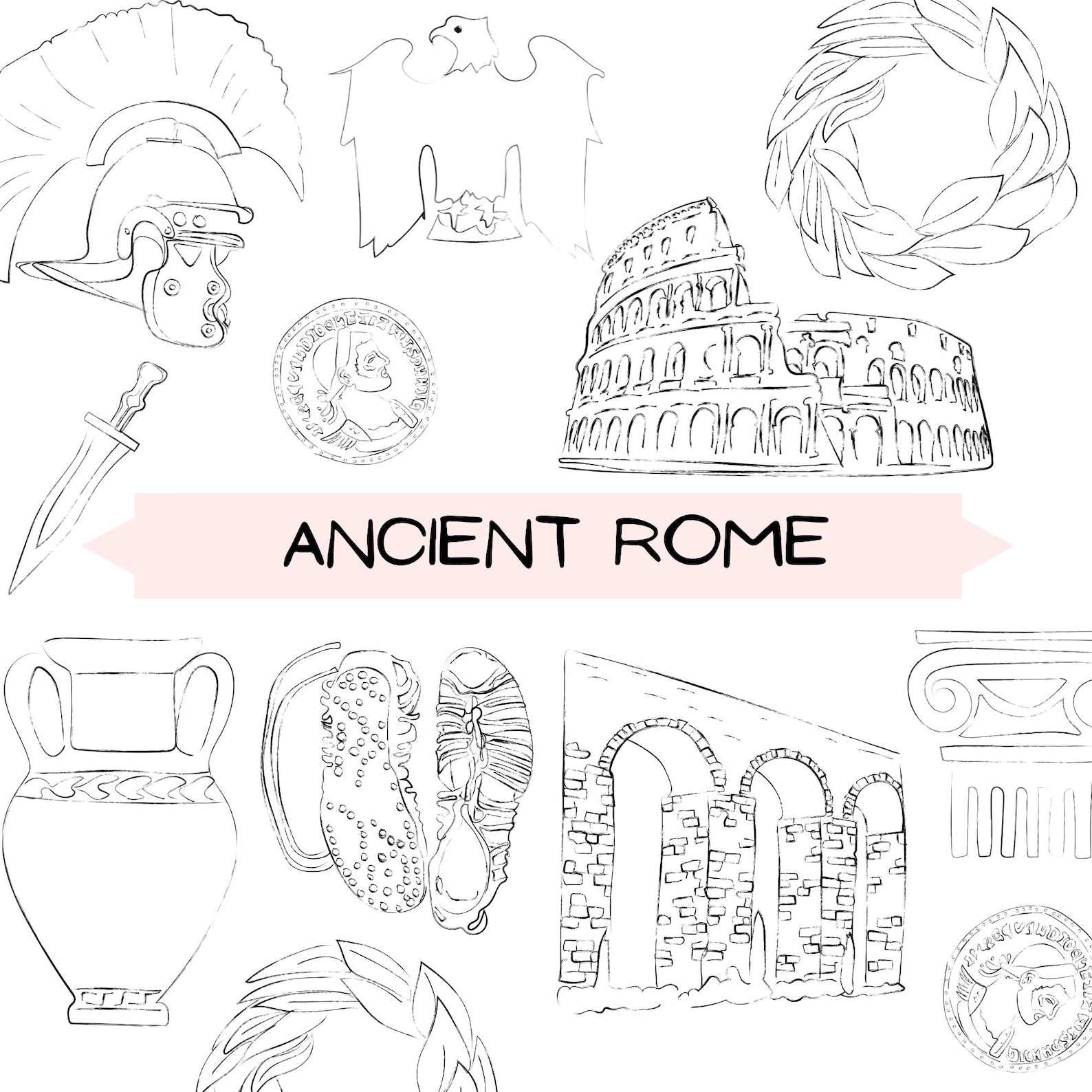 Ancient Rome Historical Hand-drawn Designs, Clip Art Bundle Roman ...