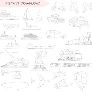 Pacote de clipart de transporte, barcos, trens, aeronaves, veículos, viagens, clipart, designs, arte de linha minimalista, PNG transparente desenhado à mão simples