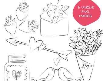 Valentine PNG Doodle Clipart Bundle, Hand Drawn Love Graphics, Cute Valentine Clipart, Romantic Hearts & Bows Digital Download