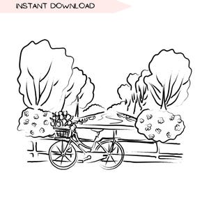 Imágenes prediseñadas de Ámsterdam, Países Bajos, ilustración de línea dibujada a mano de viaje en bicicleta por Europa, arte minimalista en blanco y negro, diseño digital PNG