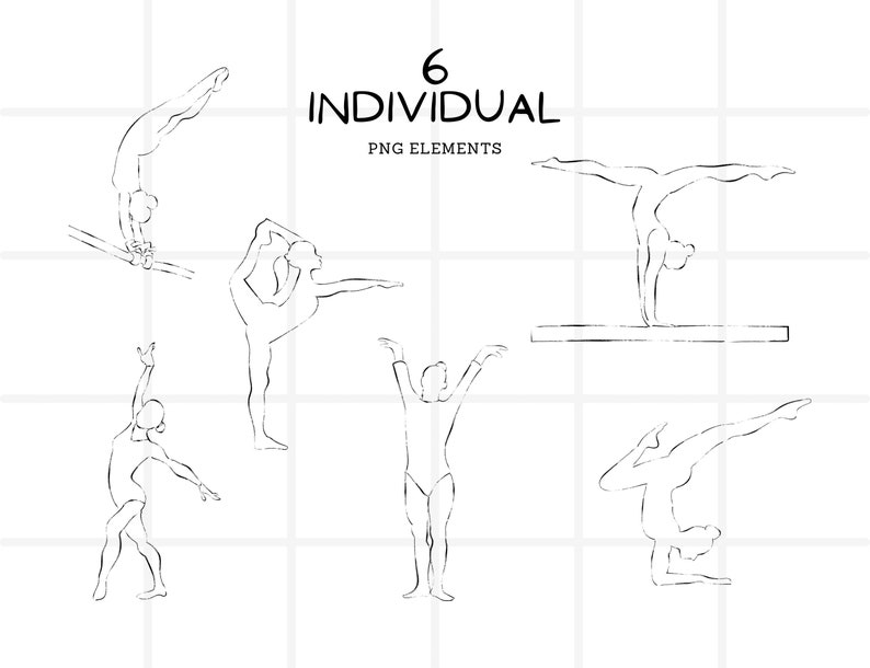 Gymnastics PNG Clipart Bundle, Hand Drawn Gymnast Line Art, Digital ...