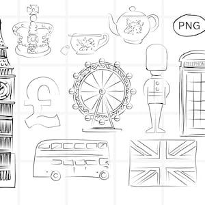Pacote de clipart de Londres, designs de clipart de viagens pela Inglaterra, arte de linha minimalista, ilustração simples desenhada à mão, designs em preto e branco, PNG