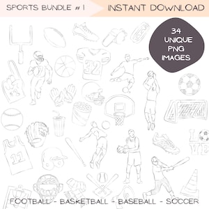 Pacote de clipart de esportes, futebol, basquete, futebol e beisebol PNG, arte de linha de esportes simples, ilustrações desenhadas à mão