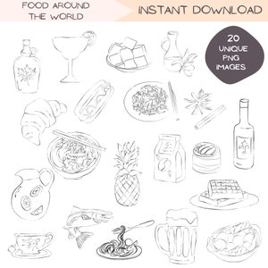 Nourriture autour du monde Clip Art Bundle, cuisine internationale Illustration Clipart Simple Line Art PNG dessinés à la main, téléchargement numérique